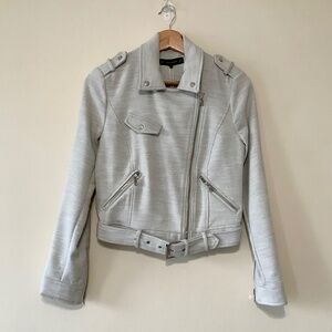Zara Cropped Moto Jacket Soft Fabric Asymmetric Zipper Pocket Light Grey Blue